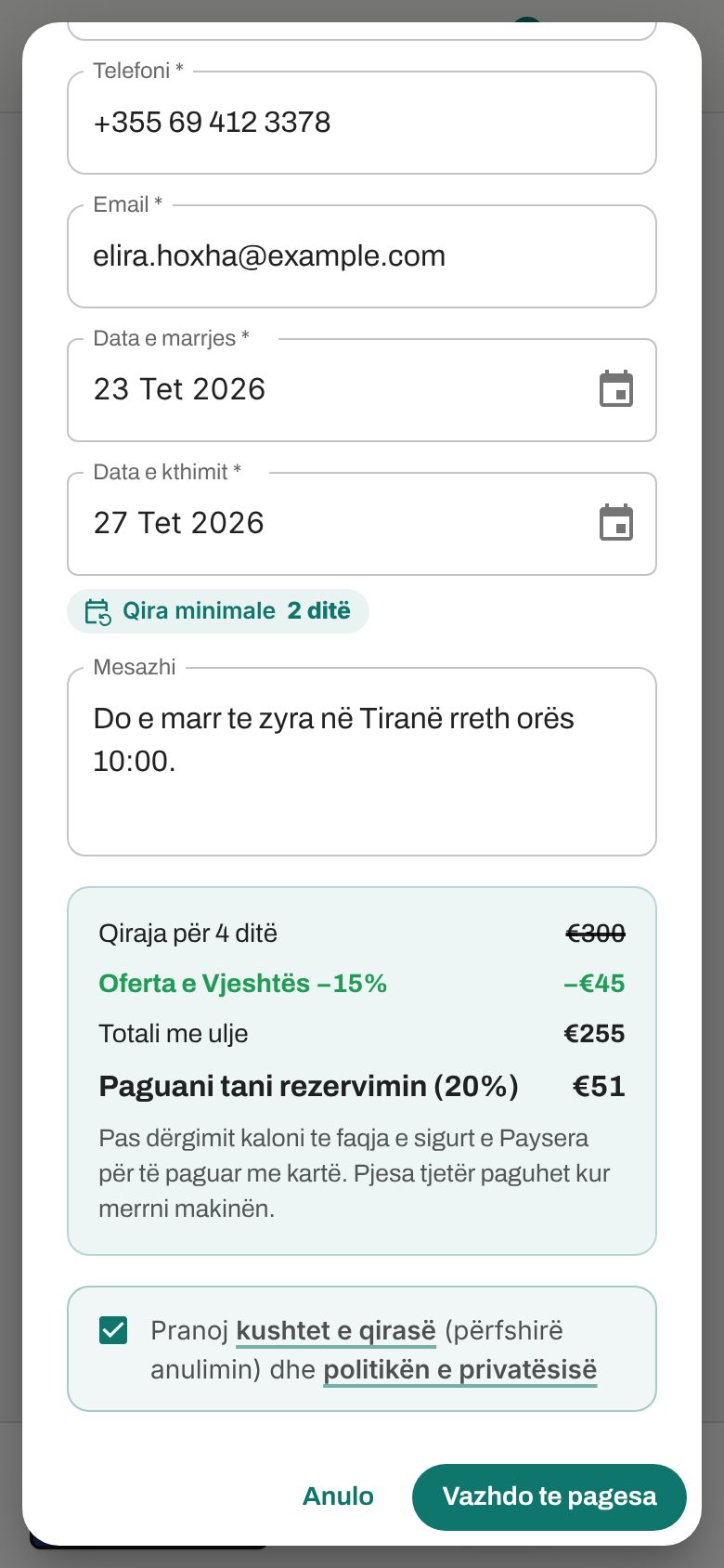 Rezervimi në telefon: datat, çmimi me ofertën dhe shuma që paguhet tani.